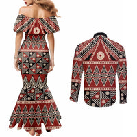 Vintage Bula Fiji Couples Matching Mermaid Dress and Long Sleeve Button Shirt Red Tapa Masi Motif LT9 - Polynesian Pride