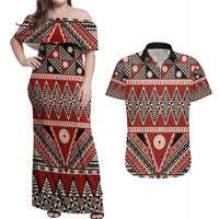 Vintage Bula Fiji Couples Matching Off Shoulder Maxi Dress and Hawaiian Shirt Red Tapa Masi Motif LT9 Red - Polynesian Pride