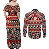 Vintage Bula Fiji Couples Matching Off Shoulder Maxi Dress and Long Sleeve Button Shirt Red Tapa Masi Motif LT9 - Polynesian Pride