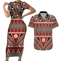 Vintage Bula Fiji Couples Matching Short Sleeve Bodycon Dress and Hawaiian Shirt Red Tapa Masi Motif LT9 Red - Polynesian Pride