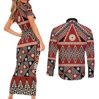Vintage Bula Fiji Couples Matching Short Sleeve Bodycon Dress and Long Sleeve Button Shirt Red Tapa Masi Motif LT9 - Polynesian Pride