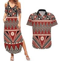 Vintage Bula Fiji Couples Matching Summer Maxi Dress and Hawaiian Shirt Red Tapa Masi Motif LT9 Red - Polynesian Pride