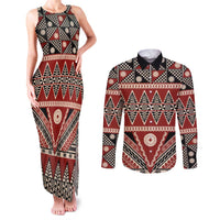Vintage Bula Fiji Couples Matching Tank Maxi Dress and Long Sleeve Button Shirt Red Tapa Masi Motif LT9 Red - Polynesian Pride