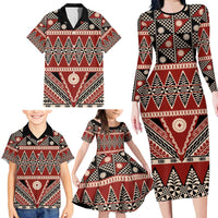 Vintage Bula Fiji Family Matching Long Sleeve Bodycon Dress and Hawaiian Shirt Red Tapa Masi Motif LT9 - Polynesian Pride