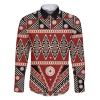 Vintage Bula Fiji Family Matching Puletasi and Hawaiian Shirt Red Tapa Masi Motif LT9 Dad's Shirt - Long Sleeve Red - Polynesian Pride
