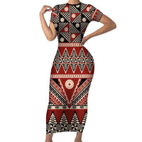 Vintage Bula Fiji Family Matching Short Sleeve Bodycon Dress and Hawaiian Shirt Red Tapa Masi Motif LT9 Mom's Dress Red - Polynesian Pride