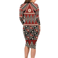 Vintage Bula Fiji Long Sleeve Bodycon Dress Red Tapa Masi Motif LT9 - Polynesian Pride