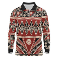 Vintage Bula Fiji Long Sleeve Polo Shirt Red Tapa Masi Motif