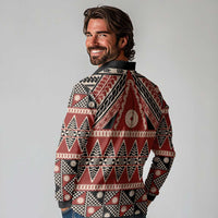 Vintage Bula Fiji Long Sleeve Polo Shirt Red Tapa Masi Motif