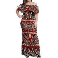 Vintage Bula Fiji Off Shoulder Maxi Dress Red Tapa Masi Motif