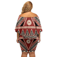 Vintage Bula Fiji Off Shoulder Short Dress Red Tapa Masi Motif