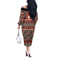Vintage Bula Fiji Off The Shoulder Long Sleeve Dress Red Tapa Masi Motif LT9 - Polynesian Pride