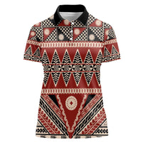 Vintage Bula Fiji Women Polo Shirt Red Tapa Masi Motif LT9 Female Red - Polynesian Pride