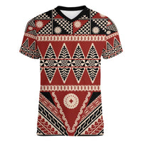 Vintage Bula Fiji Women V-Neck T-Shirt Red Tapa Masi Motif LT9 Female Red - Polynesian Pride