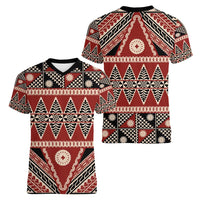 Vintage Bula Fiji Women V-Neck T-Shirt Red Tapa Masi Motif LT9 - Polynesian Pride