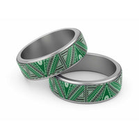 Vintage Bula Fiji Classic Ring Green Tapa Motif Fijian Tribal Masi LT9 Sliver Green - Polynesian Pride
