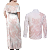Polynesian Tribal Plumeria Lotu Tamaiti Couples Matching Off Shoulder Maxi Dress and Long Sleeve Button Shirt Pastel Blush LT9 - Polynesian Pride