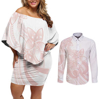 Polynesian Tribal Plumeria Lotu Tamaiti Couples Matching Off Shoulder Short Dress and Long Sleeve Button Shirt Pastel Blush LT9 Blush - Polynesian Pride