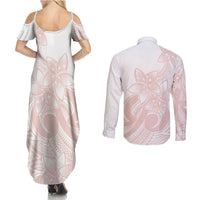 Polynesian Tribal Plumeria Lotu Tamaiti Couples Matching Summer Maxi Dress and Long Sleeve Button Shirt Pastel Blush LT9 - Polynesian Pride