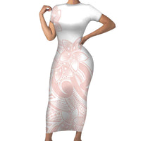 Polynesian Tribal Plumeria Lotu Tamaiti Short Sleeve Bodycon Dress Pastel Blush LT9 Long Dress Blush - Polynesian Pride