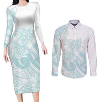 Polynesian Tribal Plumeria Lotu Tamaiti Couples Matching Long Sleeve Bodycon Dress and Long Sleeve Button Shirt Pastel Cyan LT9 Cyan - Polynesian Pride