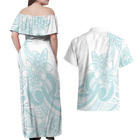 Polynesian Tribal Plumeria Lotu Tamaiti Couples Matching Off Shoulder Maxi Dress and Hawaiian Shirt Pastel Cyan LT9 - Polynesian Pride