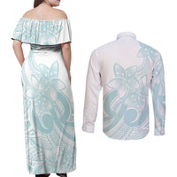 Polynesian Tribal Plumeria Lotu Tamaiti Couples Matching Off Shoulder Maxi Dress and Long Sleeve Button Shirt Pastel Cyan LT9 - Polynesian Pride