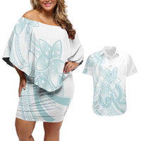 Polynesian Tribal Plumeria Lotu Tamaiti Couples Matching Off Shoulder Short Dress and Hawaiian Shirt Pastel Cyan LT9 Cyan - Polynesian Pride
