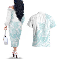 Polynesian Tribal Plumeria Lotu Tamaiti Couples Matching Off The Shoulder Long Sleeve Dress and Hawaiian Shirt Pastel Cyan LT9 - Polynesian Pride