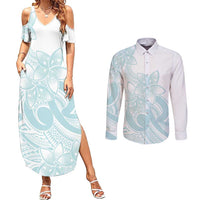 Polynesian Tribal Plumeria Lotu Tamaiti Couples Matching Summer Maxi Dress and Long Sleeve Button Shirt Pastel Cyan LT9 Cyan - Polynesian Pride