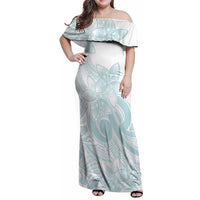 Polynesian Tribal Plumeria Lotu Tamaiti Family Matching Off Shoulder Maxi Dress and Hawaiian Shirt Pastel Cyan LT9 Mom's Dress Cyan - Polynesian Pride