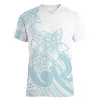 Polynesian Tribal Plumeria Lotu Tamaiti Women V-Neck T-Shirt Pastel Cyan LT9 Female Cyan - Polynesian Pride