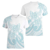 Polynesian Tribal Plumeria Lotu Tamaiti Women V-Neck T-Shirt Pastel Cyan LT9 - Polynesian Pride