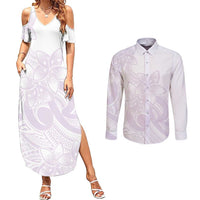 Polynesian Tribal Plumeria Lotu Tamaiti Couples Matching Summer Maxi Dress and Long Sleeve Button Shirt Pastel Mauve LT9 Mauve - Polynesian Pride