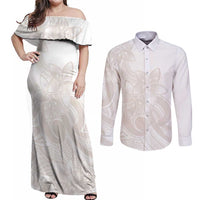 Polynesian Tribal Plumeria Lotu Tamaiti Couples Matching Off Shoulder Maxi Dress and Long Sleeve Button Shirt Pastel Nude LT9 Nude - Polynesian Pride