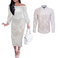 Polynesian Tribal Plumeria Lotu Tamaiti Couples Matching Off The Shoulder Long Sleeve Dress and Long Sleeve Button Shirt Pastel Nude LT9 Nude - Polynesian Pride