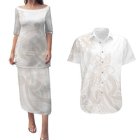 Polynesian Tribal Plumeria Lotu Tamaiti Couples Matching Puletasi and Hawaiian Shirt Pastel Nude LT9 Nude - Polynesian Pride