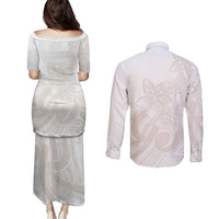Polynesian Tribal Plumeria Lotu Tamaiti Couples Matching Puletasi and Long Sleeve Button Shirt Pastel Nude LT9 - Polynesian Pride