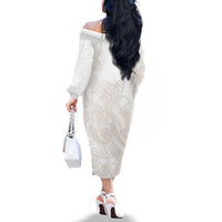 Polynesian Tribal Plumeria Lotu Tamaiti Family Matching Off The Shoulder Long Sleeve Dress and Hawaiian Shirt Pastel Nude LT9 - Polynesian Pride