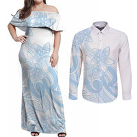 Polynesian Tribal Plumeria Lotu Tamaiti Couples Matching Off Shoulder Maxi Dress and Long Sleeve Button Shirt Pastel Sky Blue LT9 Blue - Polynesian Pride