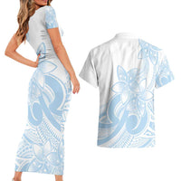 Polynesian Tribal Plumeria Lotu Tamaiti Couples Matching Short Sleeve Bodycon Dress and Hawaiian Shirt Pastel Sky Blue LT9 - Polynesian Pride