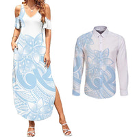 Polynesian Tribal Plumeria Lotu Tamaiti Couples Matching Summer Maxi Dress and Long Sleeve Button Shirt Pastel Sky Blue LT9 Blue - Polynesian Pride