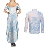 Polynesian Tribal Plumeria Lotu Tamaiti Couples Matching Summer Maxi Dress and Long Sleeve Button Shirt Pastel Sky Blue LT9 - Polynesian Pride