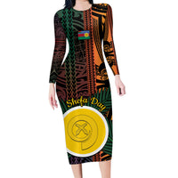 Personalised Shefa Day Family Matching Long Sleeve Bodycon Dress and Hawaiian Shirt Happy June 18 Vanuatu Province LT14 Mom's Dress Black - Polynesian Pride