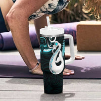 New Zealand Tumbler With Handle Aotearoa Silver Fern With Manaia Maori Unique Turquoise LT14 - Polynesian Pride