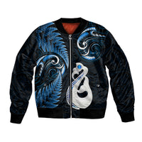 Personalised New Zealand Bomber Jacket Aotearoa Silver Fern With Manaia Maori Unique Blue LT14 Unisex Blue - Polynesian Pride