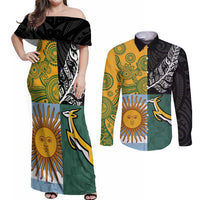 Personalised Rugby 2025 Championship Couples Matching Off Shoulder Maxi Dress and Long Sleeve Button Shirt Combination of Southern Hemisphere Countries LT14 Black - Polynesian Pride