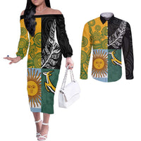 Personalised Rugby 2025 Championship Couples Matching Off The Shoulder Long Sleeve Dress and Long Sleeve Button Shirt Combination of Southern Hemisphere Countries LT14 Black - Polynesian Pride