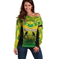 Custom Papua New Guinea Rugby Off Shoulder Sweater Enga Mioks PNG Polynesian Pattern LT14 Women Green - Polynesian Pride