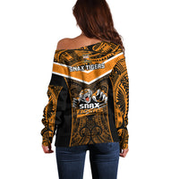 Papua New Guinea Rugby Off Shoulder Sweater Lae Snax Tigers PNG Polynesian Pattern LT14 - Polynesian Pride
